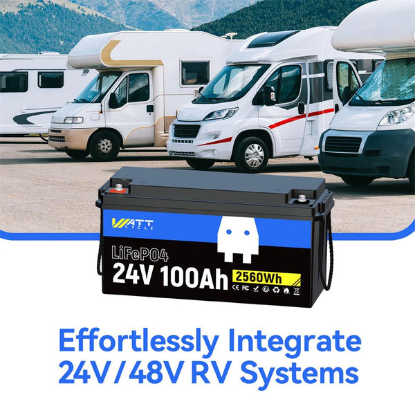 WattCycle 24V 100Ah deep cycle LiFePO4 battery design for 12V or 24V RV system