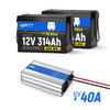 2 Pack WattCycle 12V 314Ah Mini Bluetooth LiFePO4 battery with 12V 40A LiFePO4 battery charger