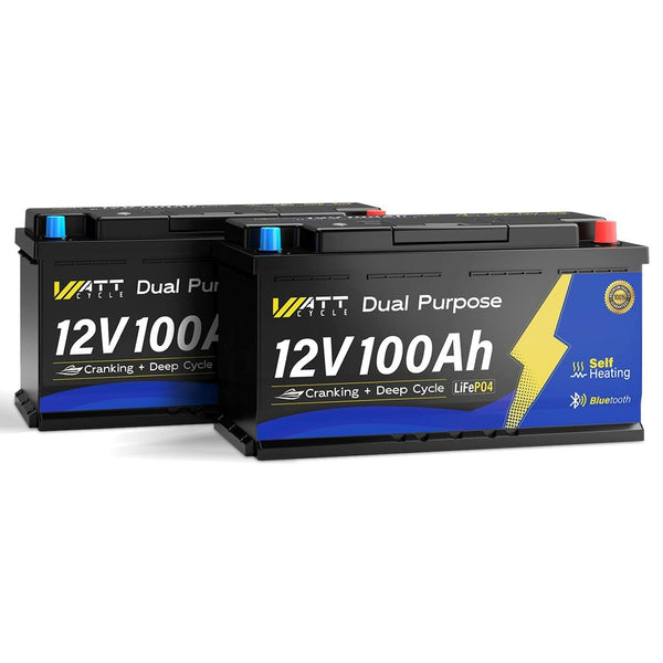 2 pcs WattCycle 12V 100Ah Dual Purpose Marine Battery with Bluetooth and Self-heating