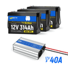 3 Pack WattCycle 12V 314Ah Mini Bluetooth LiFePO4 battery with 12V 40A LiFePO4 battery charger