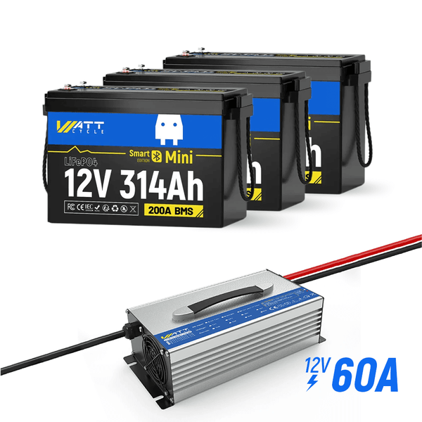 3 Pack WattCycle 12V 314Ah Mini Bluetooth LiFePO4 battery with 12V 60A LiFePO4 battery charger