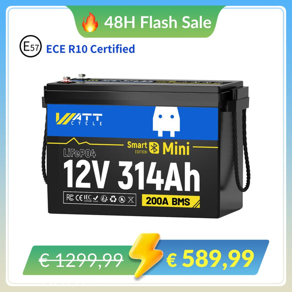【🔥 Offerta lampo di 48 ore】Batteria WattCycle 12V 314Ah Mini LiFePO4 con Bluetooth | Certificazione ECE R10