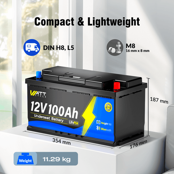 Dimension, size, and weight of WattCycle 12V 100Ah Caravan Leisure Battery with Bluetooth