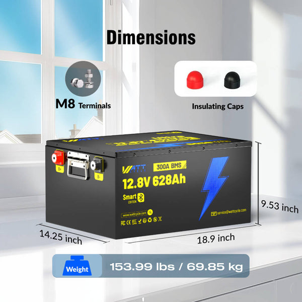 Dimensions, weight and size of WattCycle 12V 628Ah Ultra Bluetooth LiFePO4 Battery