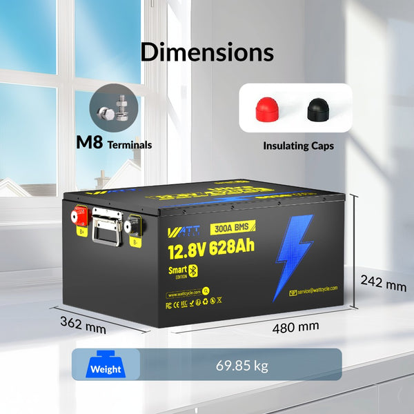 Dimensions, weight and size of WattCycle 12V 628Ah Ultra Bluetooth LiFePO4 Battery