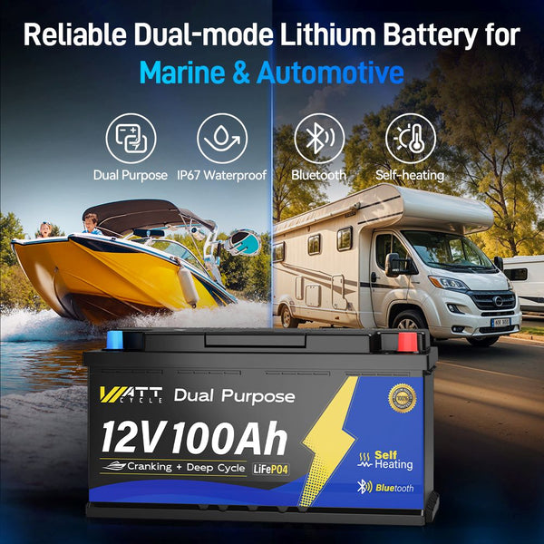 Dual mode of WattCycle 12V 100Ah Dual Purpose Marine Battery with Bluetooth and Self-heating