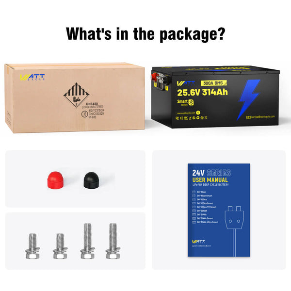 Package content of WattCycle 24V 314Ah Ultra LiFePO4 Battery with Bluetooth
