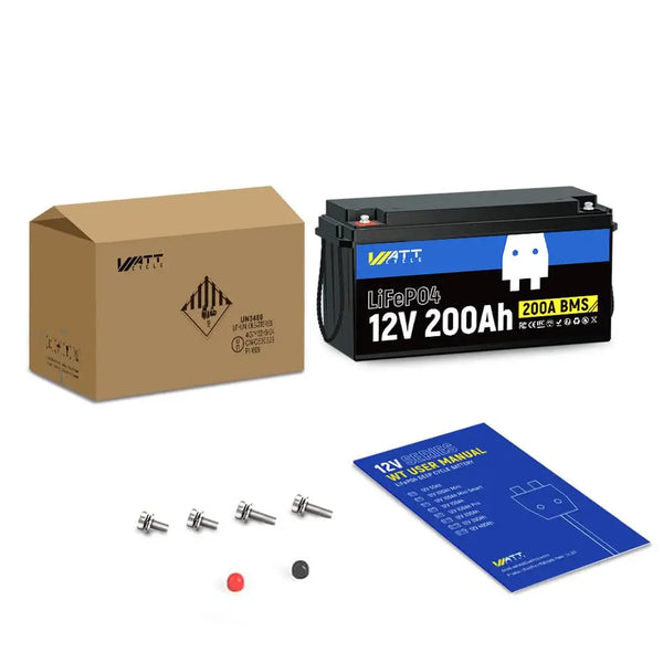 Package content of WattCycle 12V 200Ah LiFePO4 Deep Cycle Lithium Battery