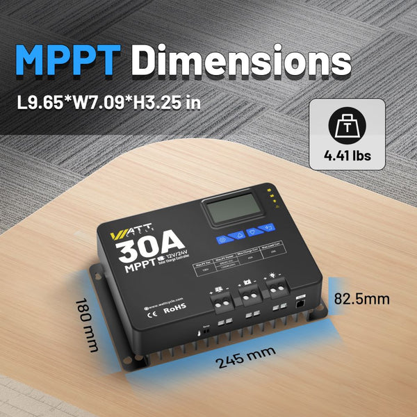 Size, dimensions of WattCycle 12V 24V 30A Solar Charge Controller MPPT