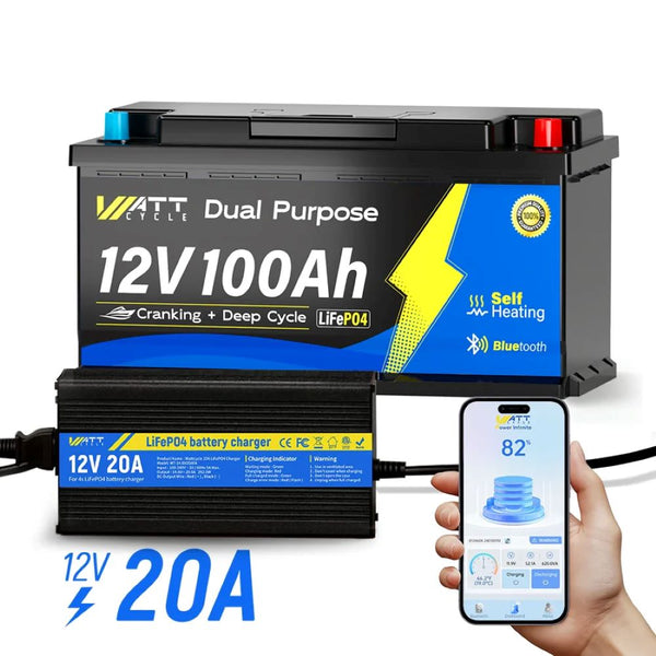 WattCycle 12V 100Ah Dual Purpose Marine Cranking Battery with 12V 20A Battery Charger