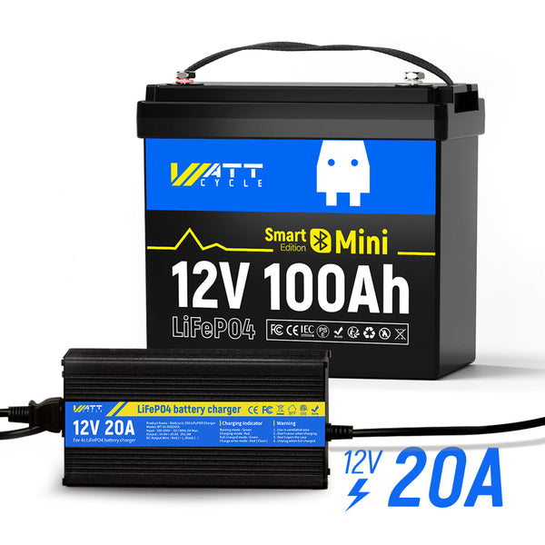WattCycle 12V 100Ah Mini Bluetooth LiFePO4 battery with 12V 20A battery charger