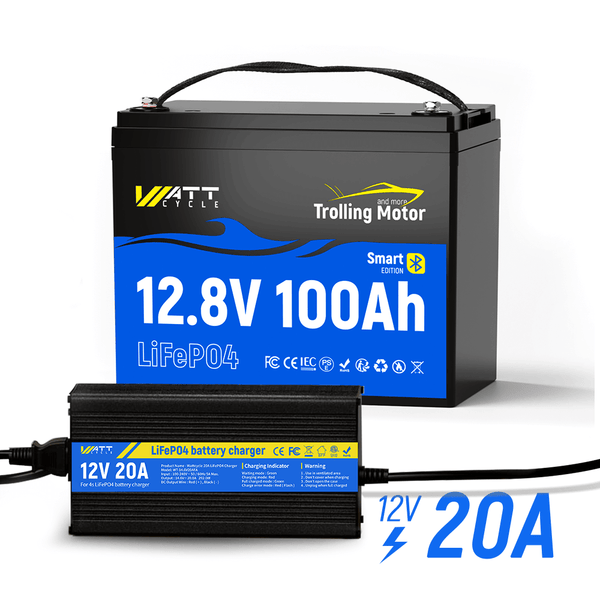 WattCycle12V 100Ah Trolling Motor LiFePO4 battery with 12V 20A battery charger