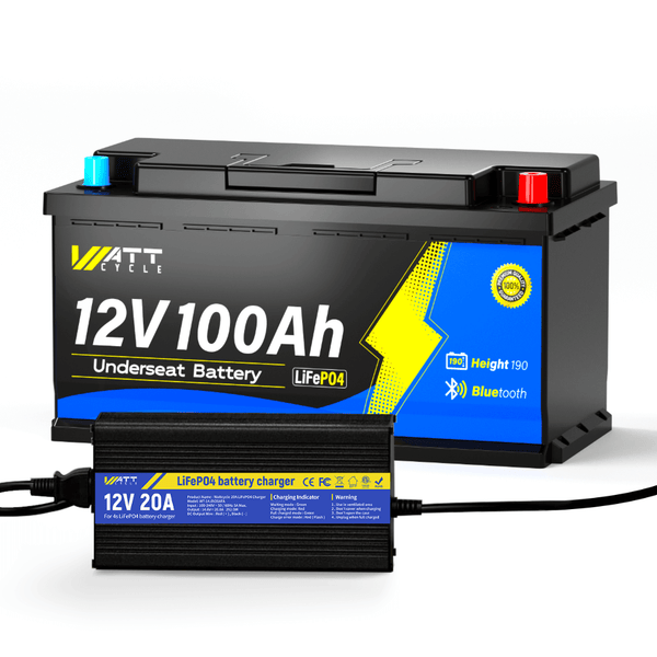 WattCycle 12V 100Ah Caravan Leisure Battery with Bluetooth with 14.6V 20A LiFePO4 battery charger