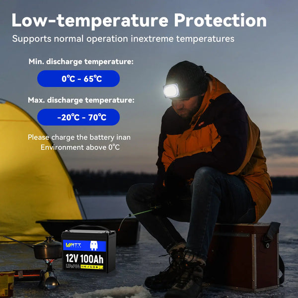 WattCycle 12V 100Ah Deep Cycle LiFePO4 Battery with low-temperature protection