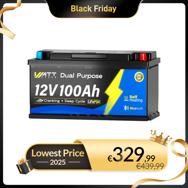 WattCycle 12V 100Ah Dual Purpose Marine Battery with Bluetooth and Self-heating - WattCycle Black Friday Battery Sale