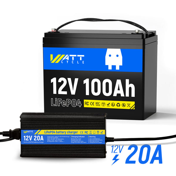 WattCycle 12V 100Ah LiFePO4 Battery with 12V 20A Aluminum Shell Charger