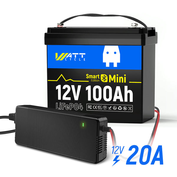WattCycle 12V 100Ah Mini Bluetooth LiFePO4 Battery with 12V 20A Plastic Shell LiFePO4 Charger