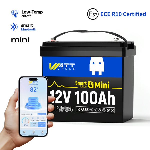 WattCycle 12V 100Ah Mini Bluetooth LiFePO4 Battery with ECE R10 Certified