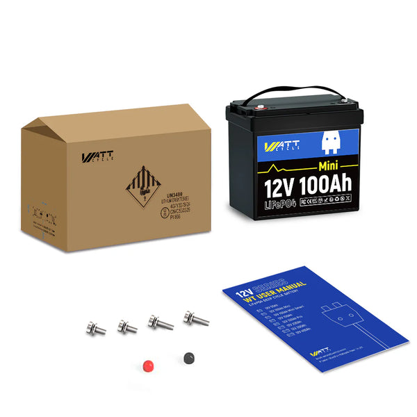 Package content of WattCycle 12V 100Ah Mini deep cycle battery