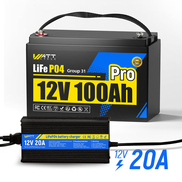 WattCycle 12V 100Ah Pro 110A BMS LiFePO4 Battery with 12V 20A Aluminum Shell Charger