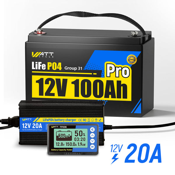 WattCycle 12V 100Ah Pro LiFePO4 Battery with 12V 20A Aluminum charger with 500A Monitor