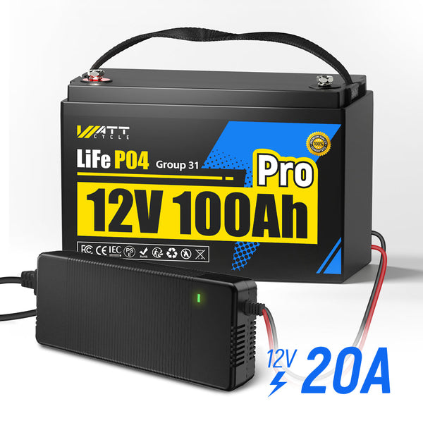 WattCycle 12V 100Ah Pro LiFePO4 Battery with 12V 20A Plastic Shell LiFePO4 Charger