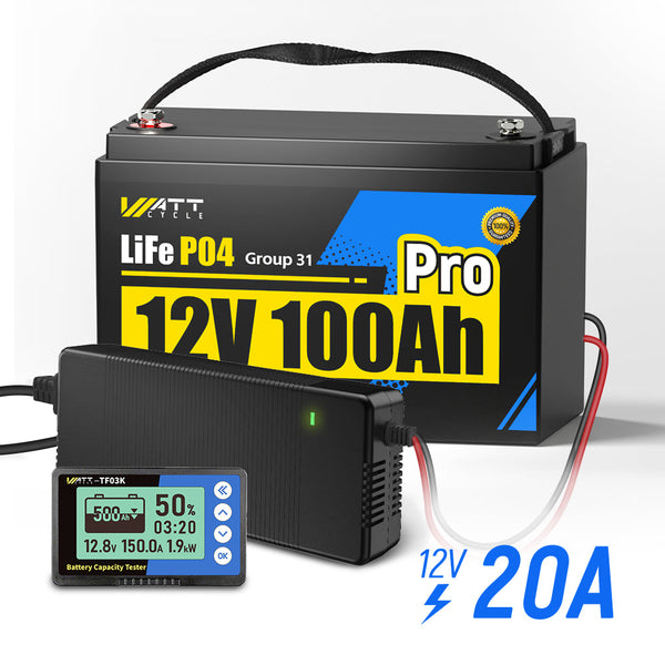 WattCycle 12V 100Ah Pro LiFePO4 Battery with 12V 20A Plastic charger with 500A Monitor