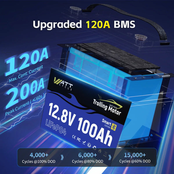 WattCycle 12V 100Ah deep cycle trolling motor battery with upgraded 120A BMS