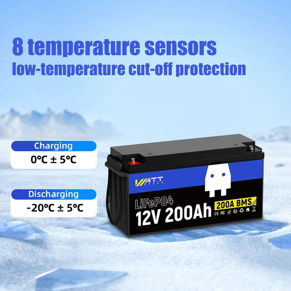 WattCycle 12V 200Ah LiFePO4 Deep Cycle Lithium Battery with Low-temperature protection