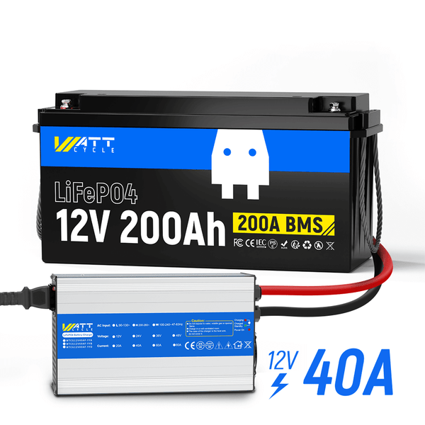 WattCycle 12V 200Ah LiFePO4 battery with 12V 40A LiFePO4 battery charger