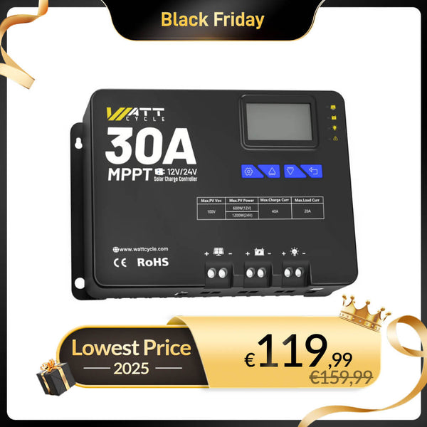 WattCycle 12V 24V 30A Solar Charge Controller MPPT - WattCycle Black Friday Battery Sale