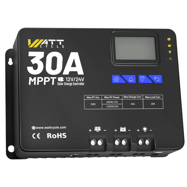 WattCycle 12V 24V 30A Solar Charge Controller MPPT