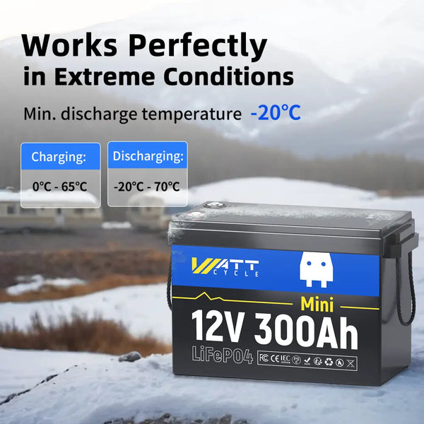 WattCycle 12V 280Ah Mini deep cycle LiFePO4 battery with low-temperature cut off protection