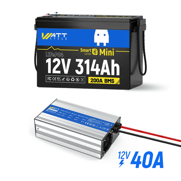 WattCycle 12V 314Ah Mini Bluetooth LiFePO4 battery with 12V 40A LiFePO4 battery charger