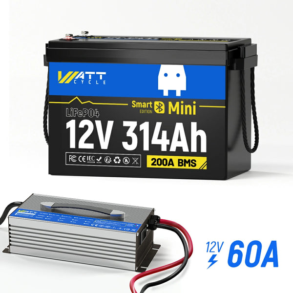 WattCycle 12V 314Ah Mini Bluetooth LiFePO4 battery with 12V 60A LiFePO4 battery charger