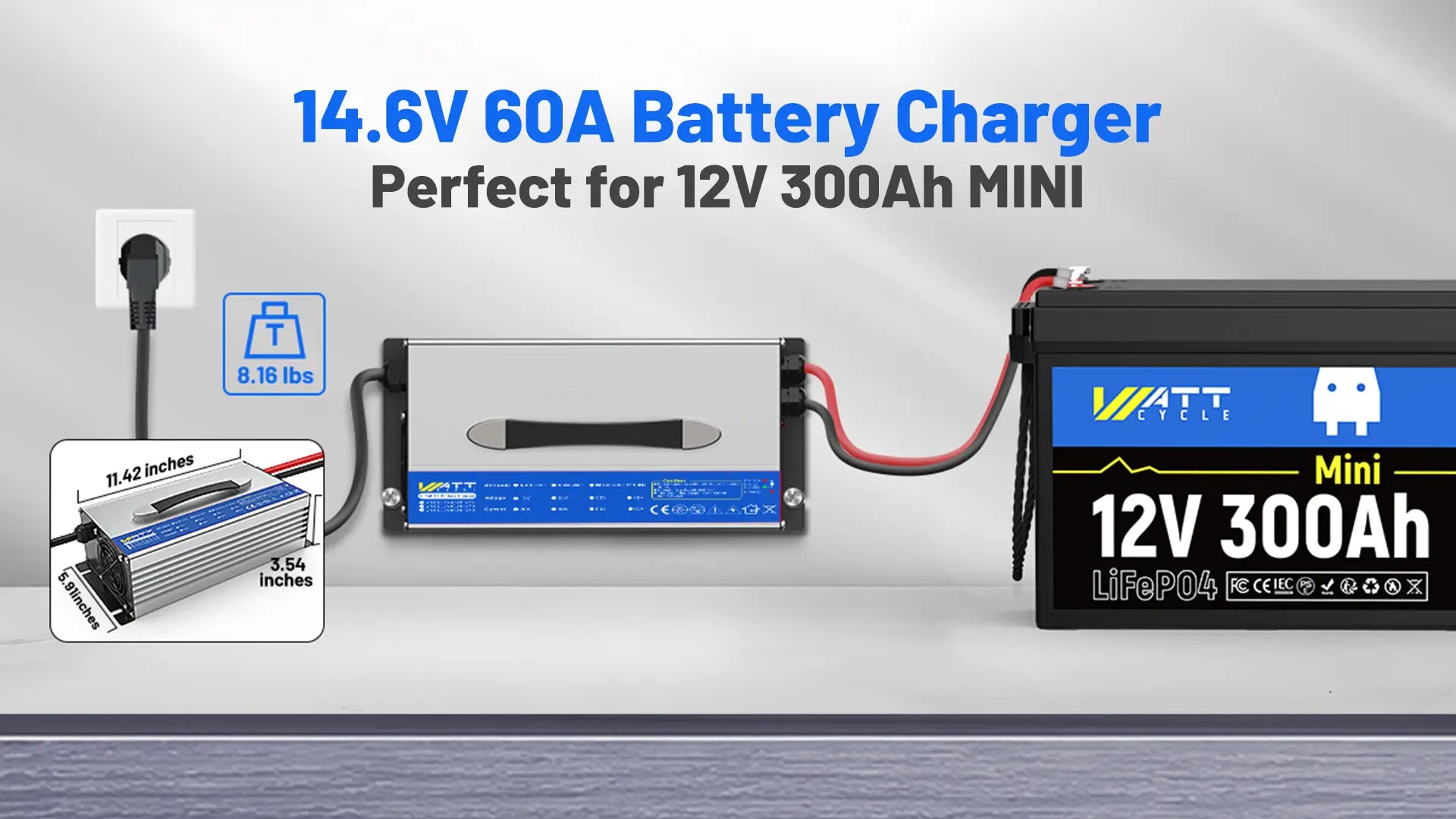 WattCycle 12V 60A Wall-mount LiFePO4 Battery Charger Better fit for 12V 300Ah batteries