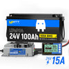 WattCycle 24V 100Ah LiFePO4 Battery with 24V 15A charger with 500A Monitor