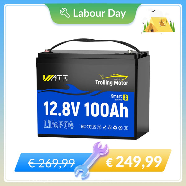 【🔧【Promoção do Dia do Trabalho】Bateria de ciclo profundo para motor de pesca WattCycle 12V 100Ah com Bluetooth