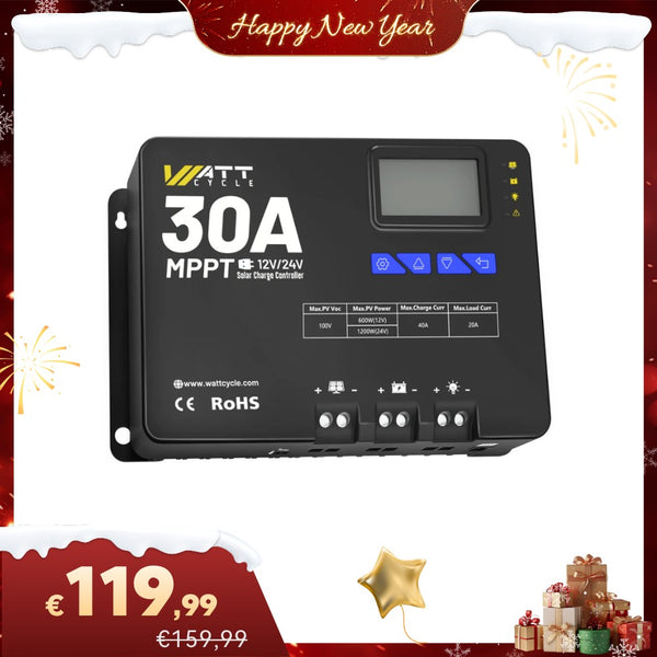 【🎇 Saldi di Capodanno】WattCycle 12V/24V 30A Regolatore di carica solare MPPT