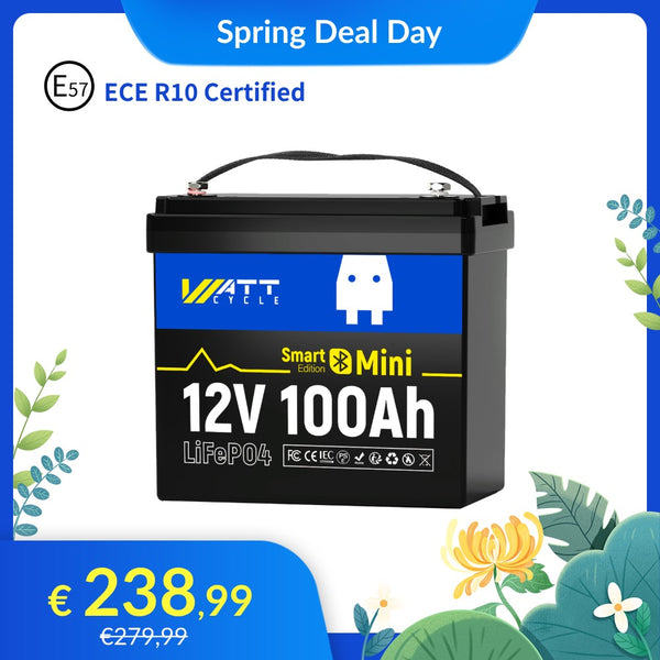 【🌸 Forårstilbud】WattCycle 12V 100Ah Mini LiFePO4 Batteri med Bluetooth