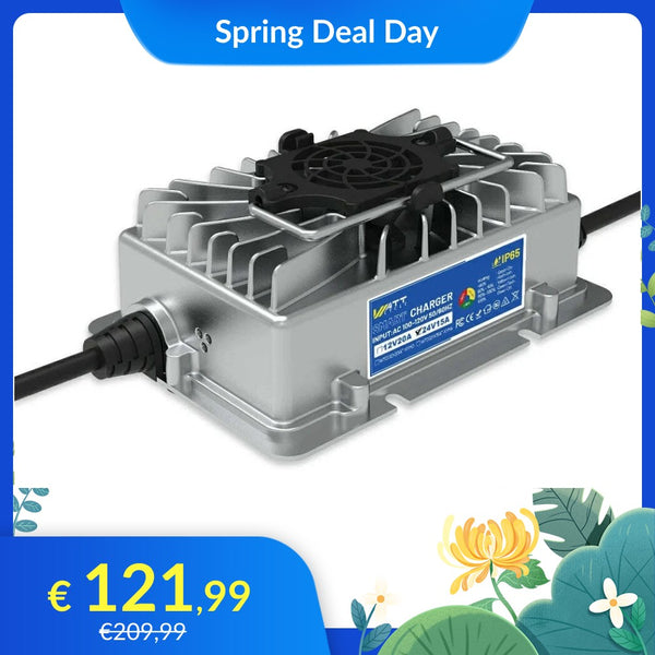 【🌸 Forårstilbud】WattCycle 24V 15A AC-DC LiFePO4 batterioplader