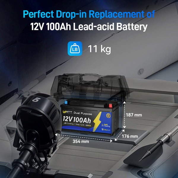 size, dimensions and weight of WattCycle 12V 100Ah Dual Purpose Marine Battery with Bluetooth and self-heating