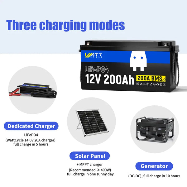 three charging methodes of WattCycle 12V 200Ah LiFePO4 Deep Cycle Lithium Battery