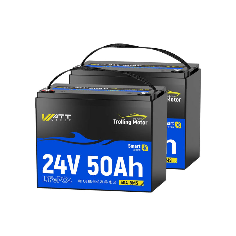2pcs WattCycle 24V 50Ah Deep Cycle Marine Battery for Trolling Motor