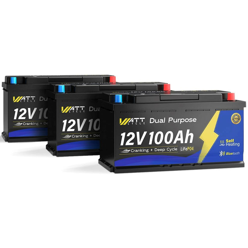 3 pcs WattCycle 12V 100Ah Dual Purpose Marine Battery with Bluetooth and Self-heating