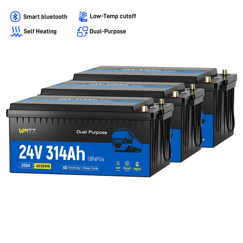 WattCycle 24V 314Ah Dual Purpose Truck Battery with Bluetooth & Self-heating