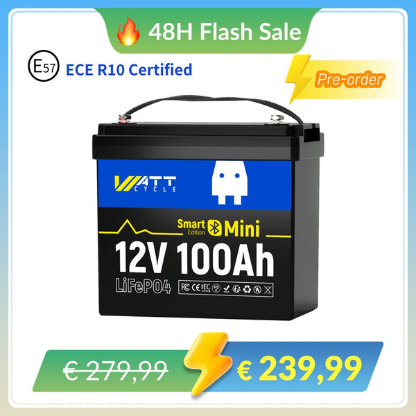 【⚡ Forudbestil】WattCycle 12V 100Ah Mini LiFePO4 Batteri med Bluetooth | ECE R10 Certificeret