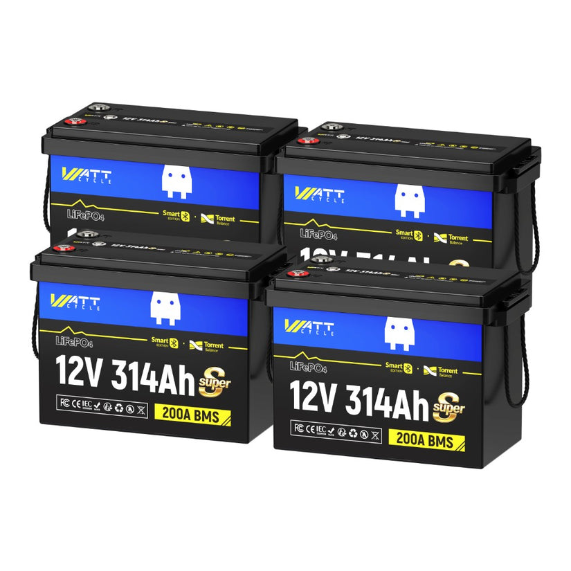 4 Pack WattCycle 12V 314Ah Mini Super LiFePO4 Battery with Bluetooth Active Balance