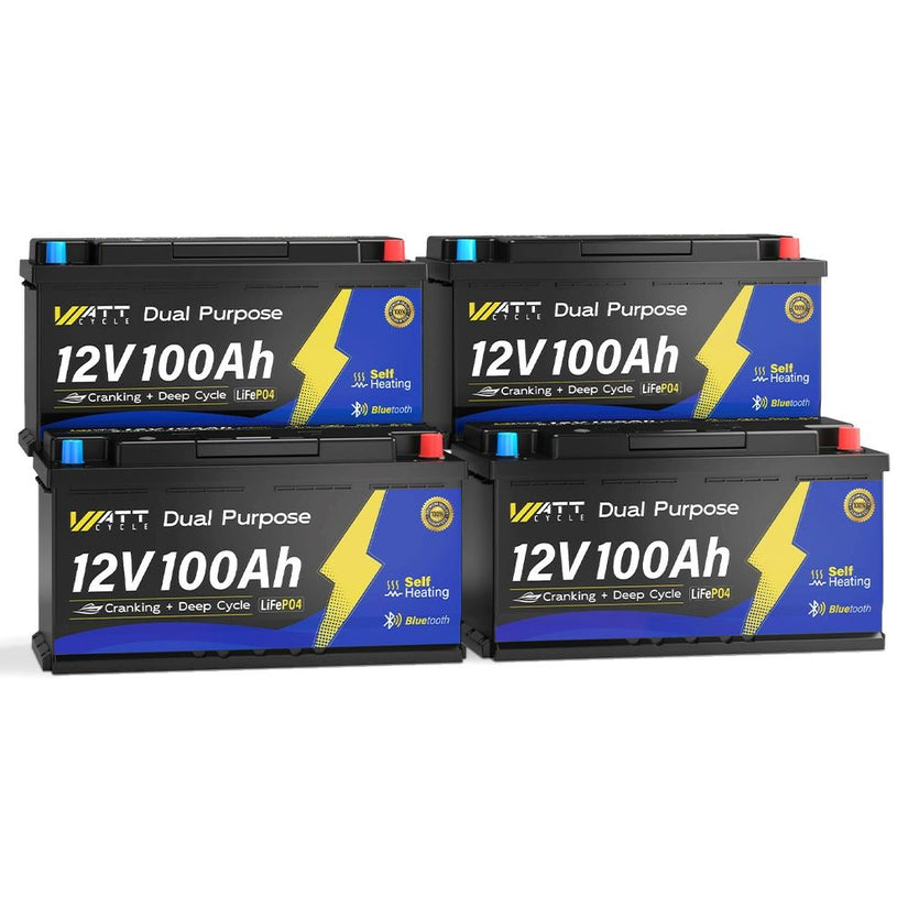 4 pcs WattCycle 12V 100Ah Dual Purpose Marine Battery with Bluetooth and Self-heating