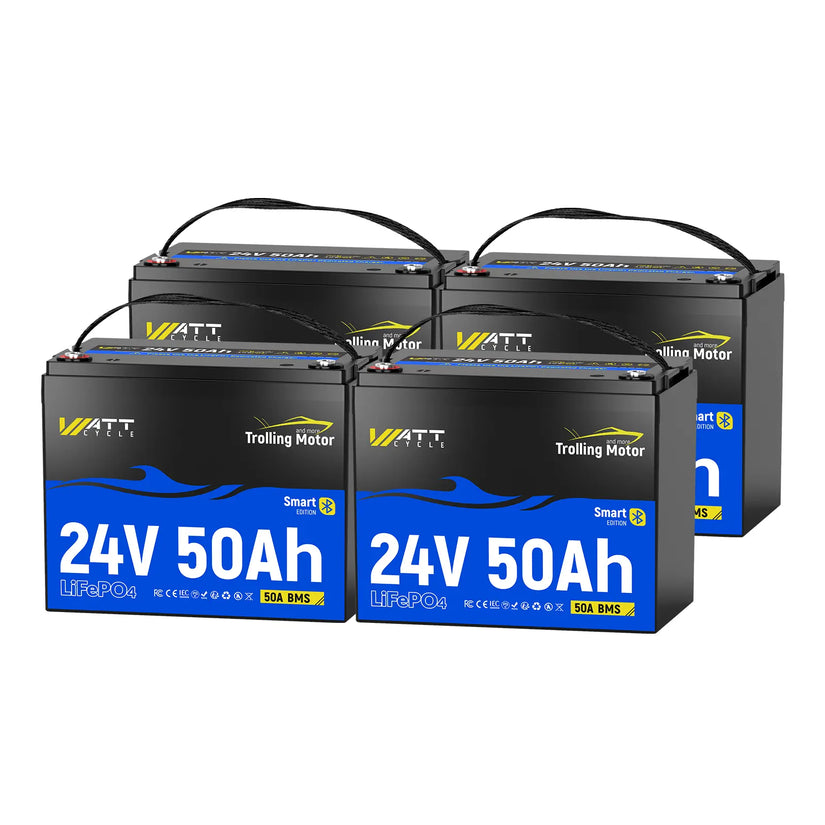 4 pcs WattCycle 24V 50Ah Deep Cycle Marine Battery for Trolling Motor